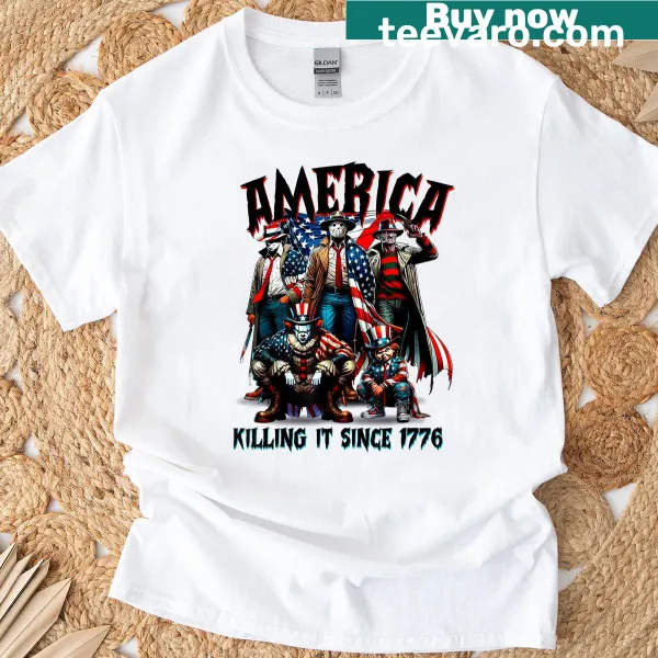 Patriotic text graphic America Killing It Since 1776 t-shirt.