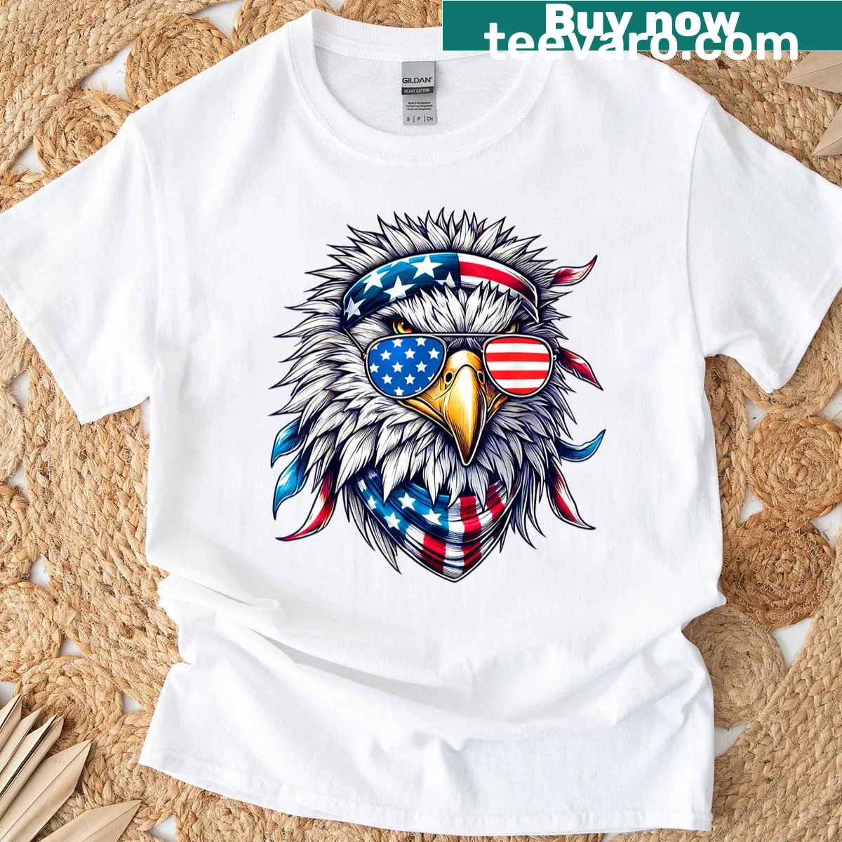 Bald eagle soaring with American flag on a patriotic t-shirt — on a men's t-shirt