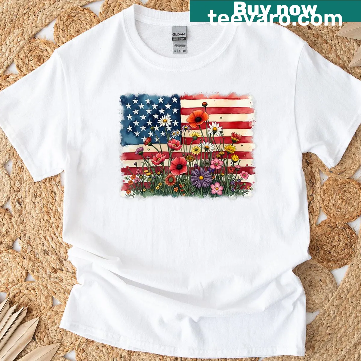 Floral wildflower American flag T-shirt for women — on a men's t-shirt