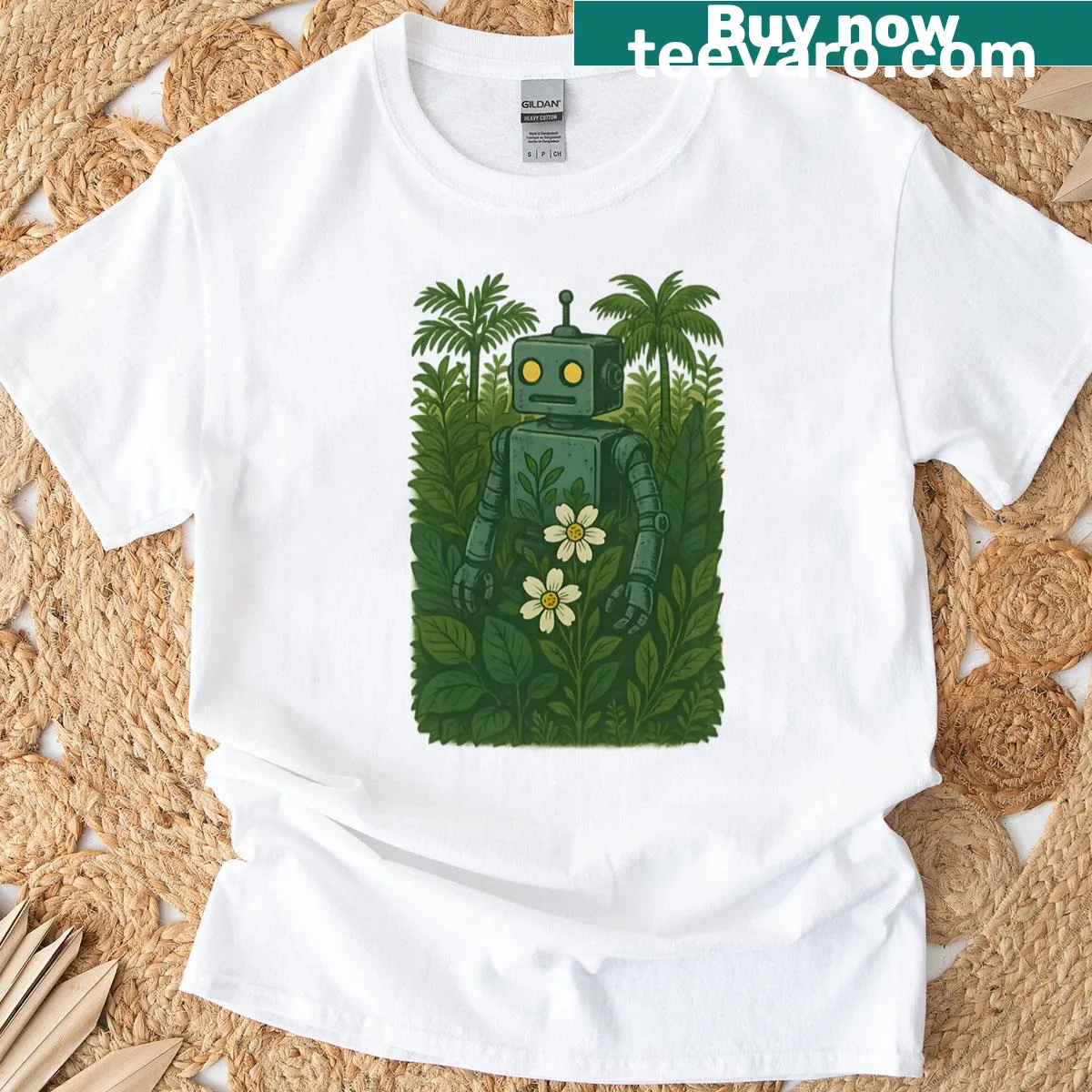 Funny anime T-shirt with a robot drinking beer graphic — on a men's t-shirt