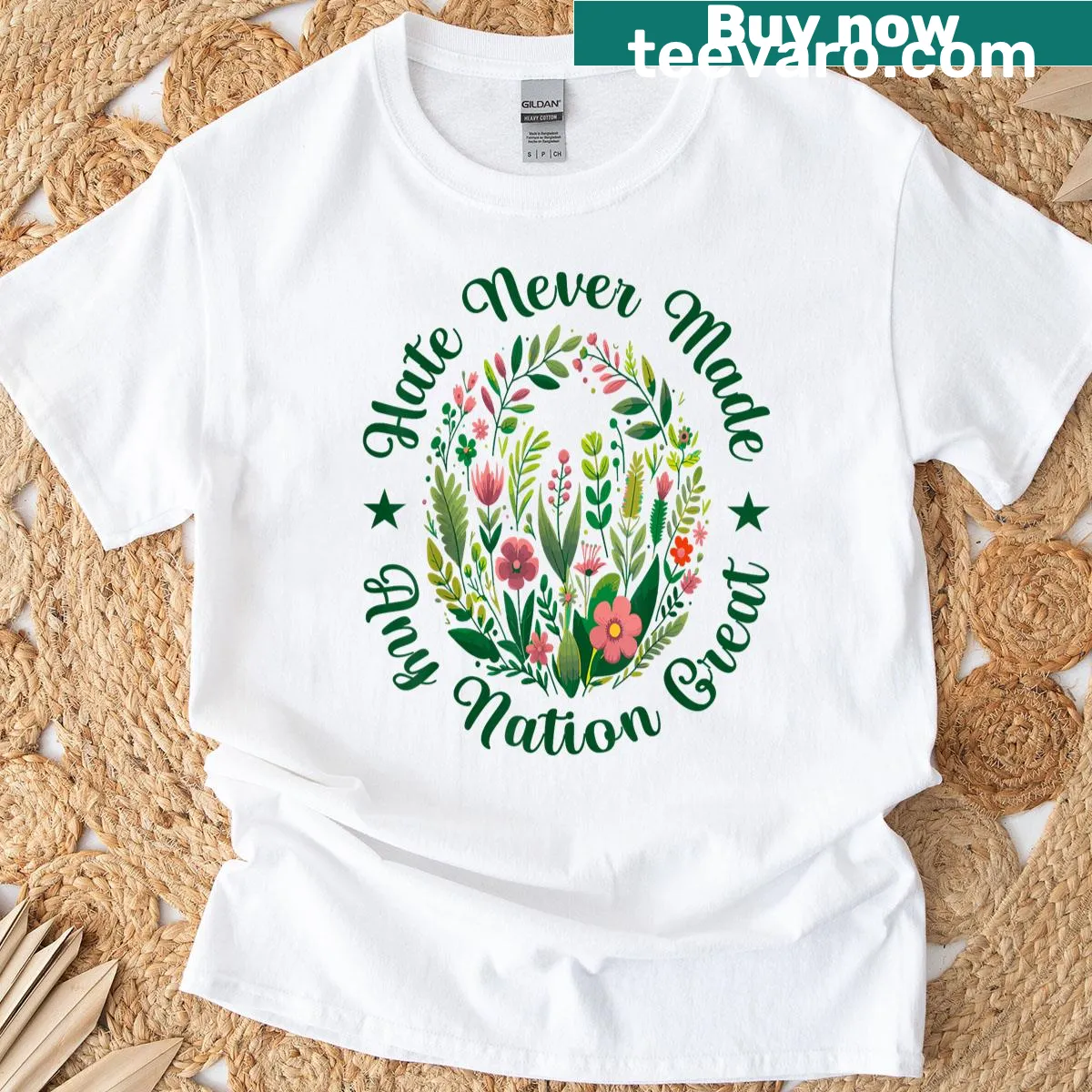 Floral artistic design with political commentary against Trump on a t-shirt — on a men's t-shirt