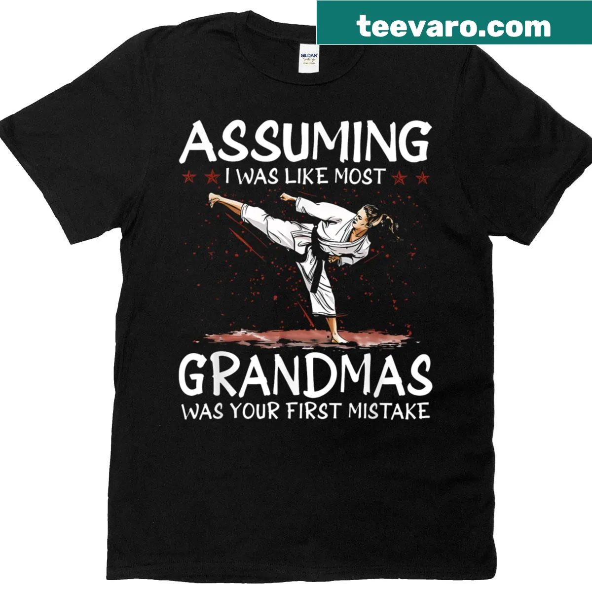 Funny grandma karate t-shirt with humorous text — on a men's t-shirt