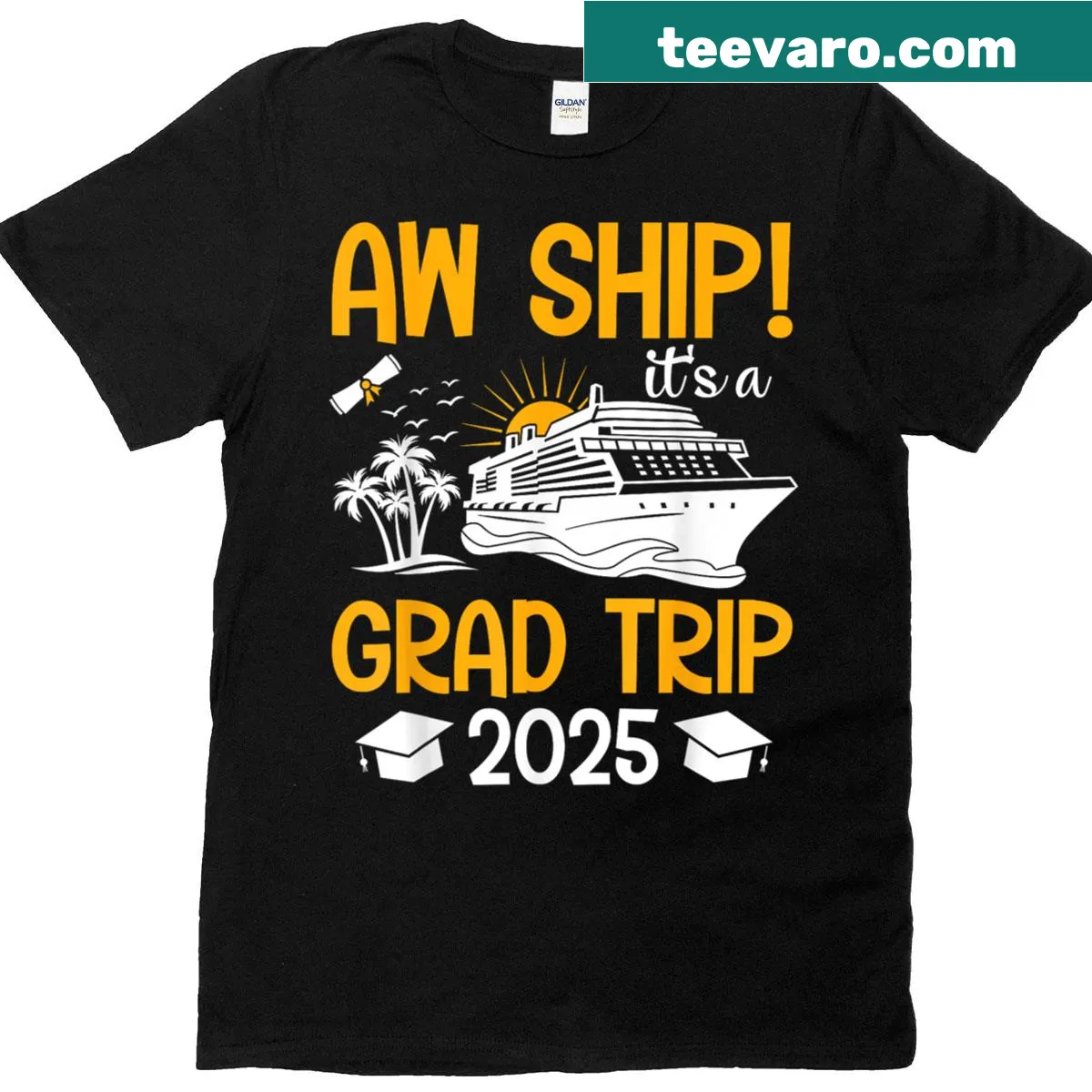 Playful graduation T-shirt with 'Aw Ship It's A Grad Trip 2025' design — on a men's t-shirt