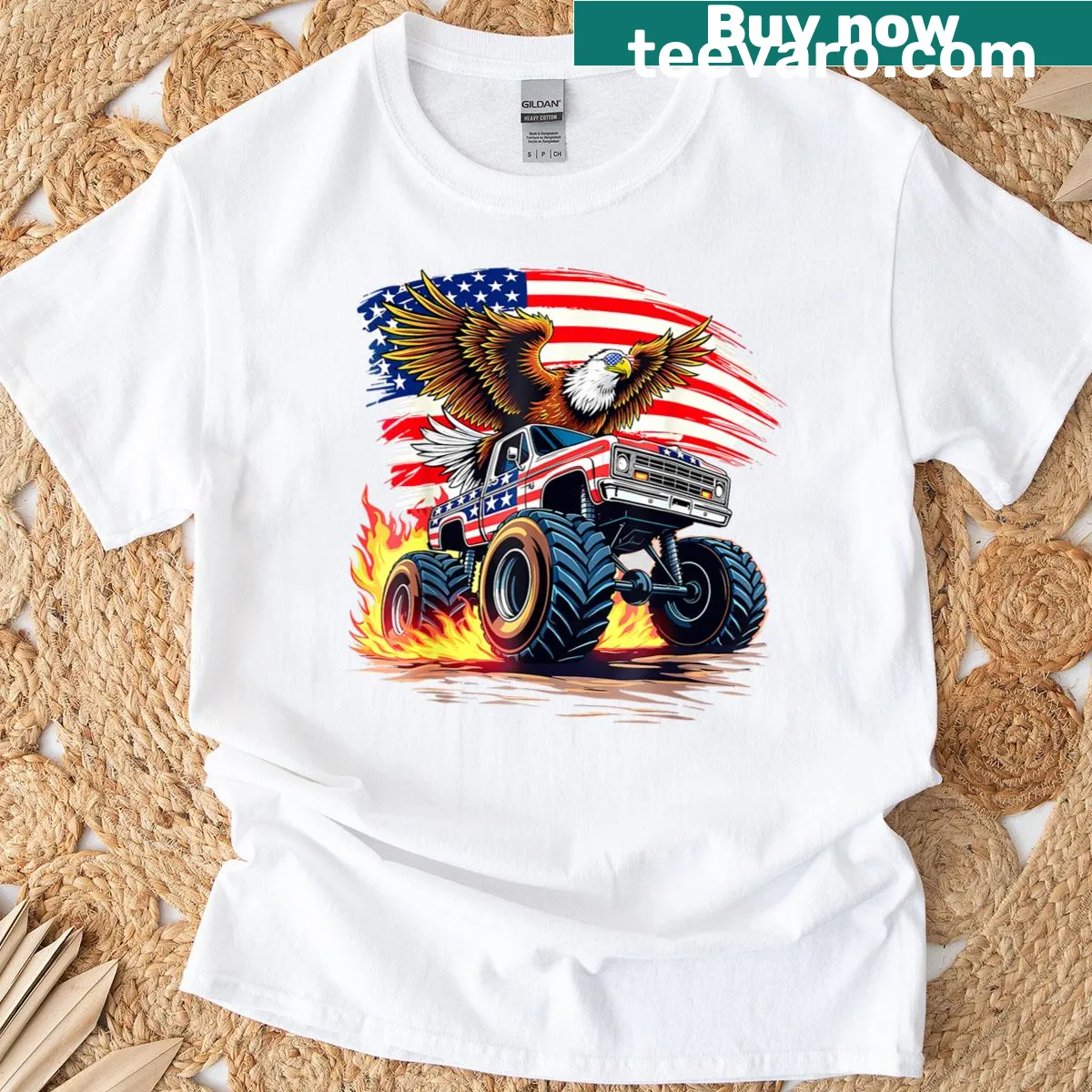 Patriotic t-shirt with a bald eagle and monster truck design for kids — on a men's t-shirt