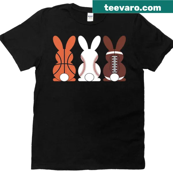 Whimsical Easter design featuring sports balls and rabbits on a t-shirt