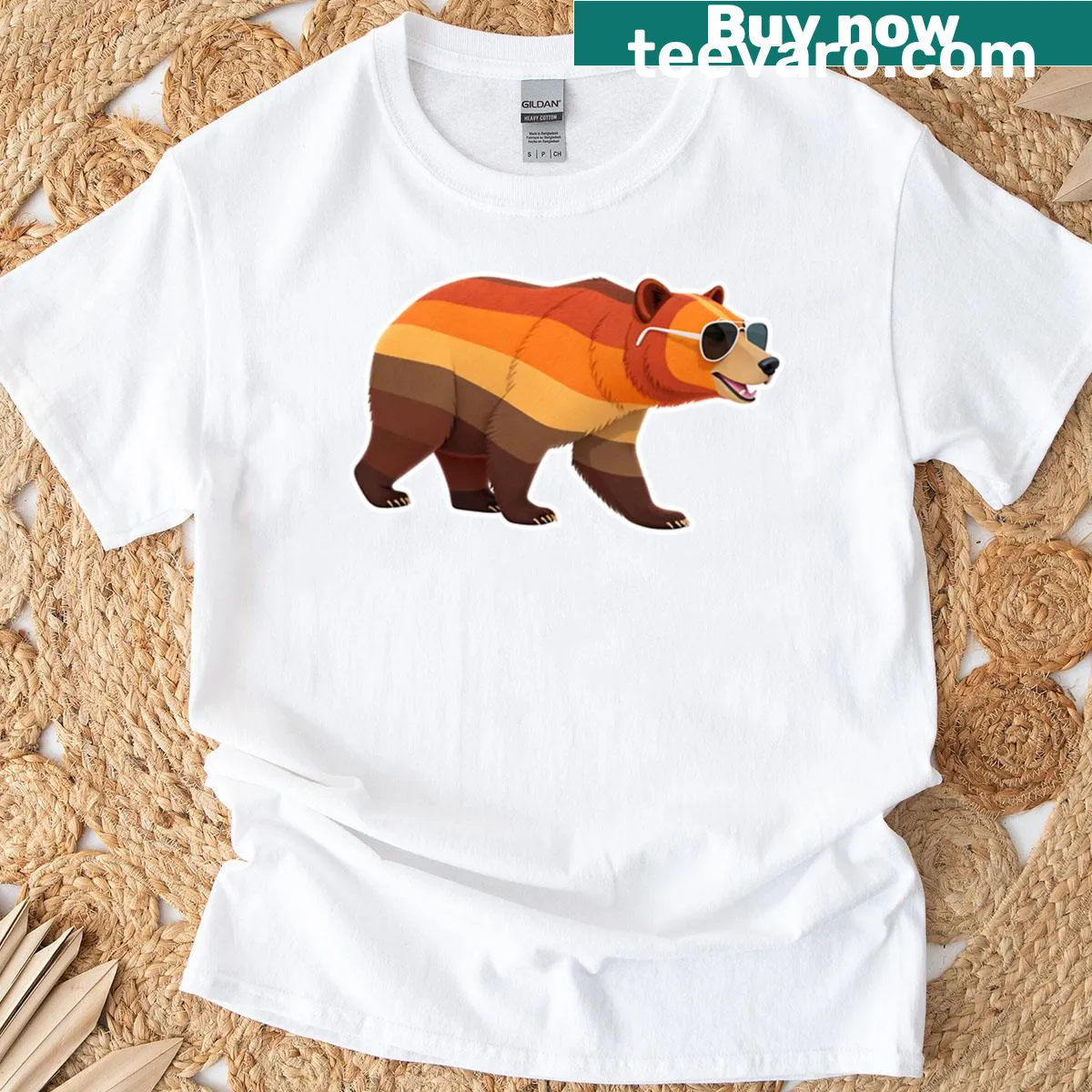 Oversized t-shirt with a bear in sunglasses and Bear Pride flag colors — on a men's t-shirt