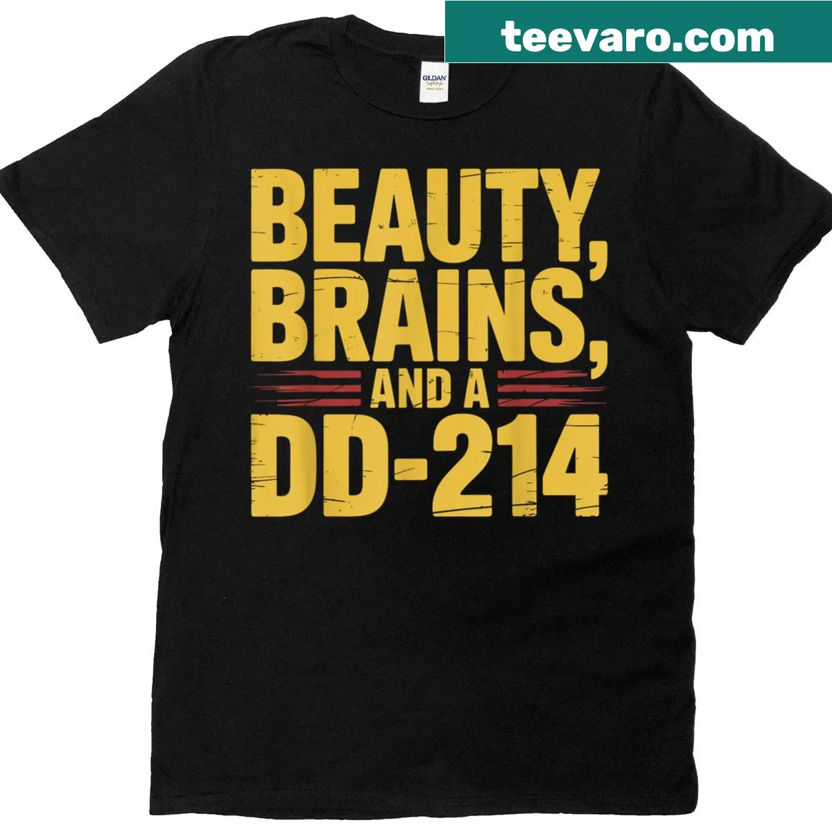 Proud T-shirt design featuring 'Beauty, Brains, and a DD-214' — on a men's t-shirt