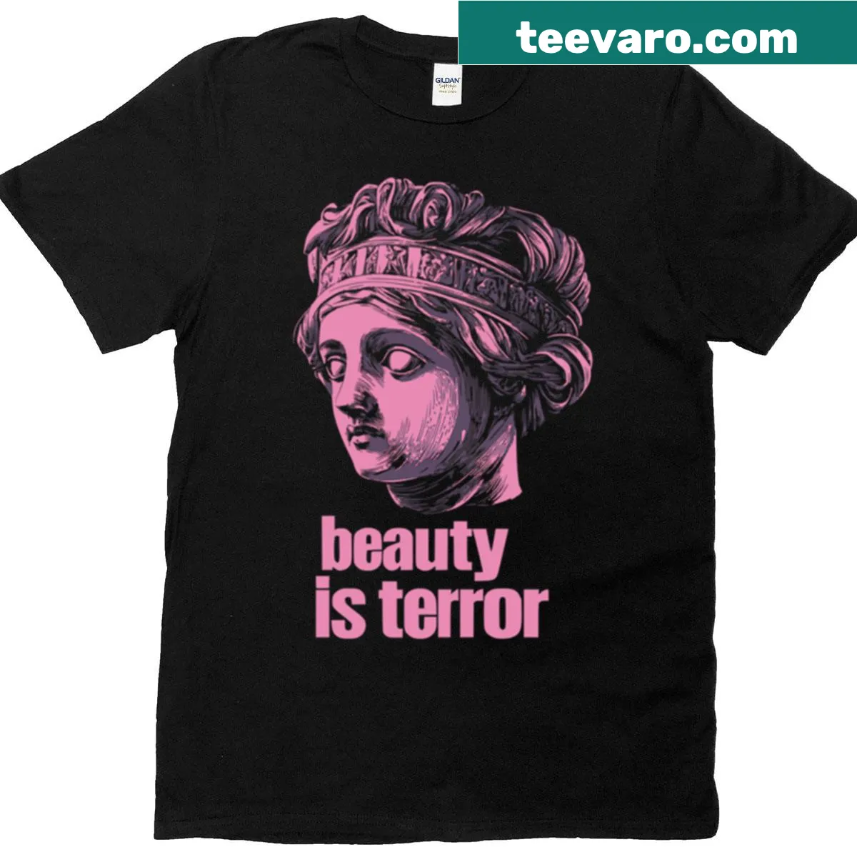 Typographic t-shirt featuring 'Beauty Is Terror' in dark academia style — on a men's t-shirt