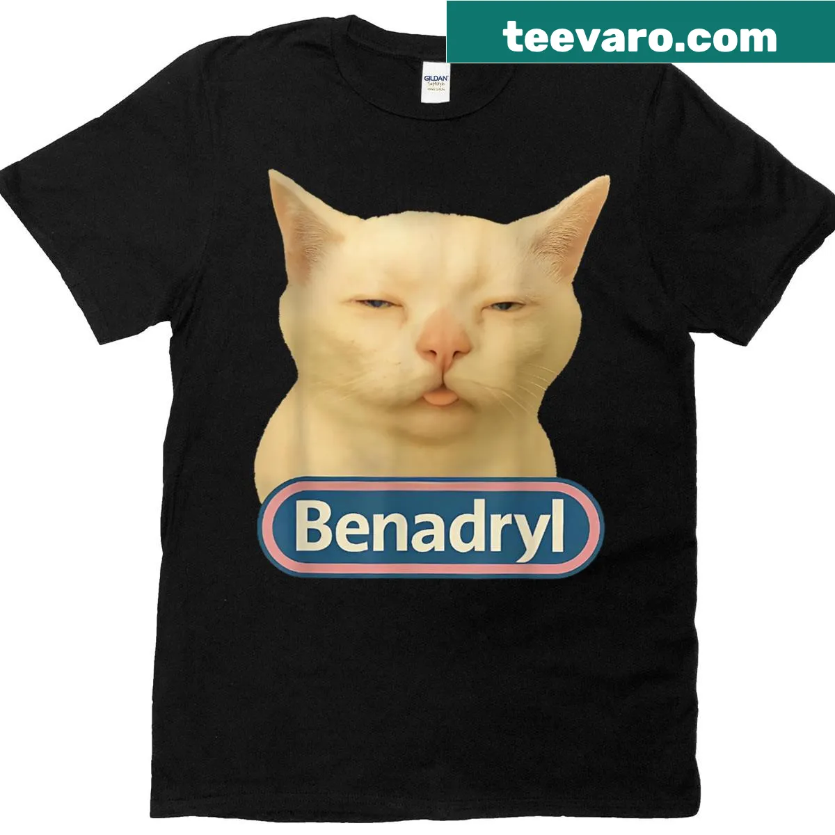 Cute funny meme quote T-shirt featuring Benadryl Meme Cat Benny — on a men's t-shirt