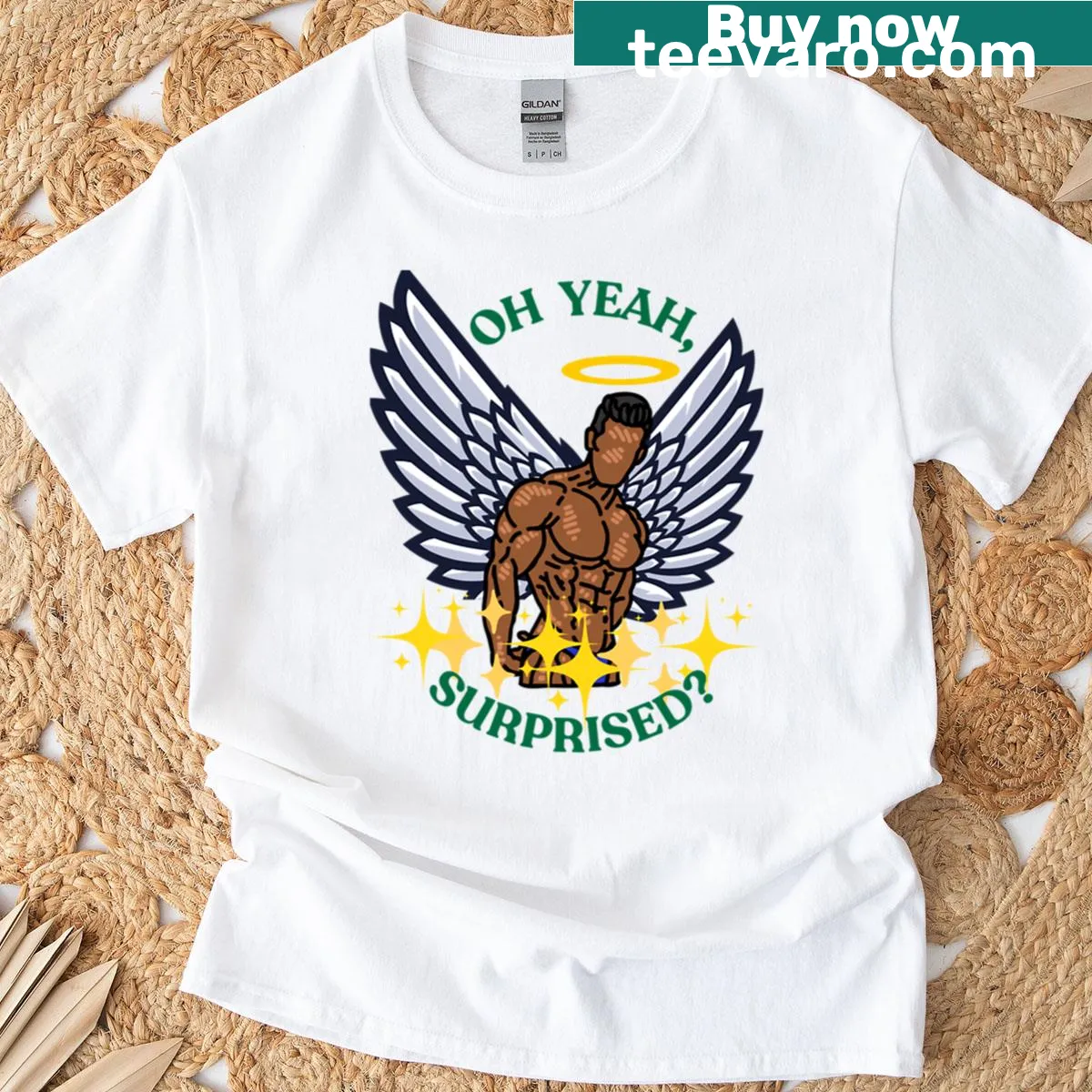 T-shirt with a graphic of a black angel illustration. — on a men's t-shirt