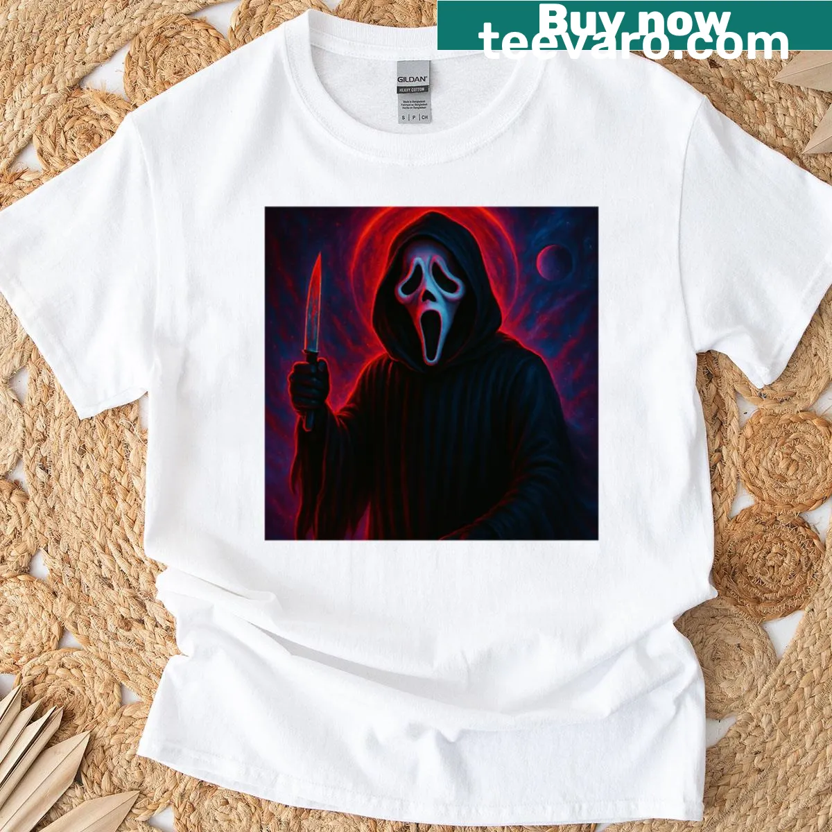 Ghostface design on a horror-themed t-shirt — on a men's t-shirt