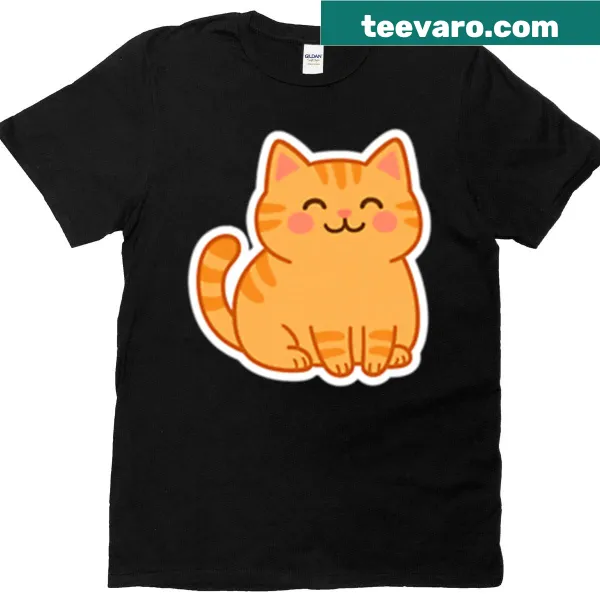 Illustration of a happy orange tabby cat on an oversized t-shirt.