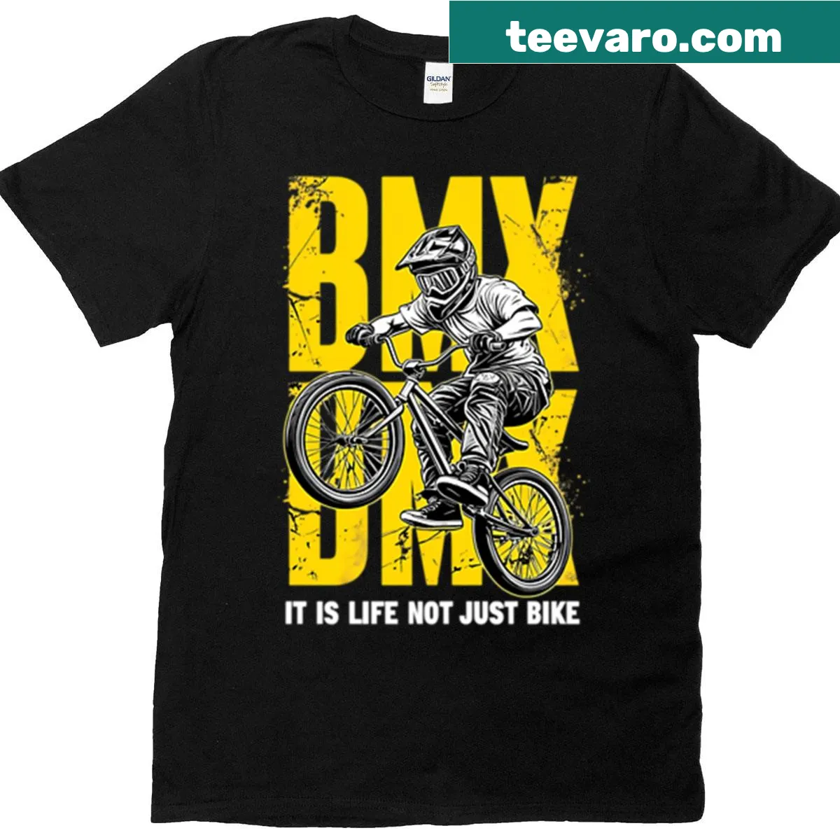 Artistic BMX freestyle rider graphic T-shirt showcasing mid-air trick — on a men's t-shirt