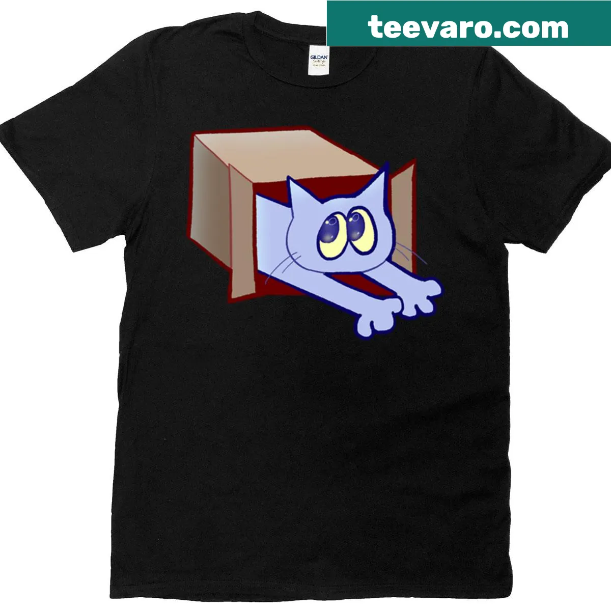 Cute illustration of a cat peeking out of a box on a t-shirt — on a men's t-shirt