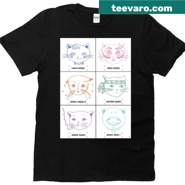 Illustration of Bruce the cat on a premium T-shirt, showcasing his charm