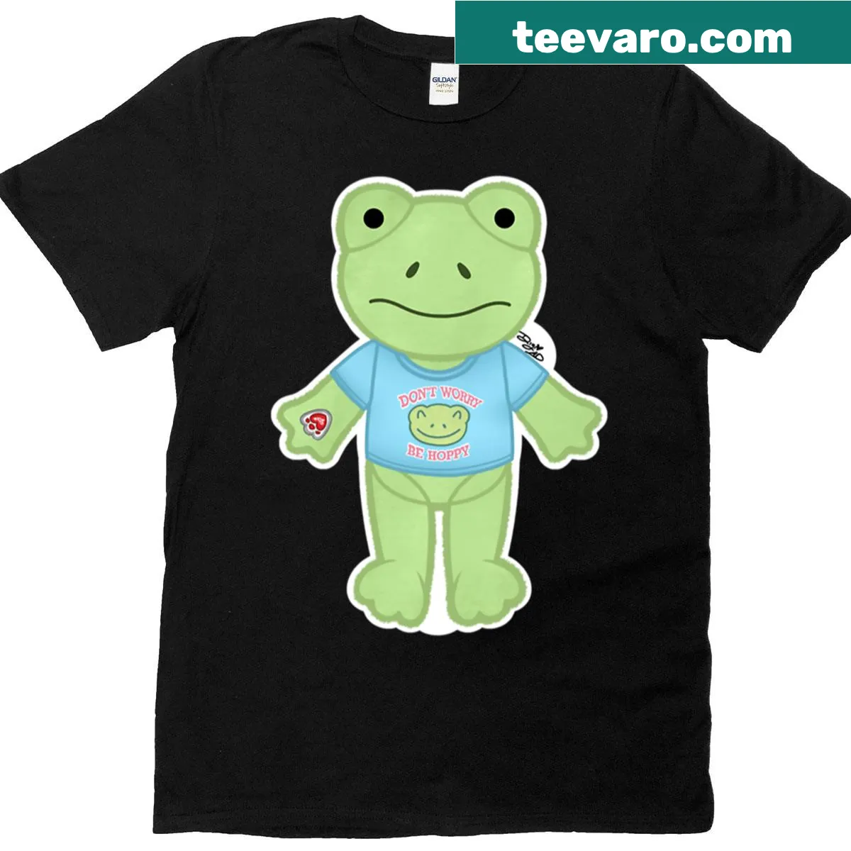 Cartoon green frog from Build-A-Bear on T-shirt — on a men's t-shirt