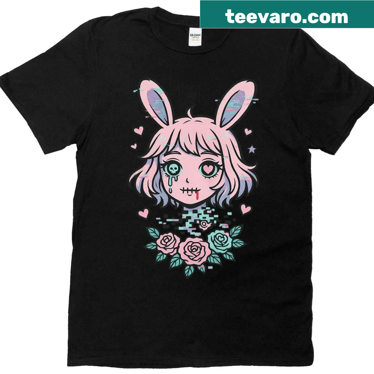 Playful cartoon bunny graphic on T-shirt — on a men's t-shirt