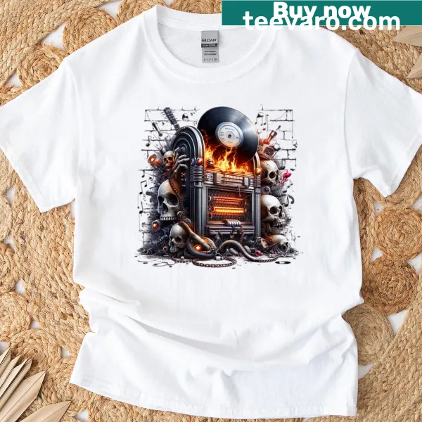 Graphic T-shirt featuring a jukebox with artistic flames