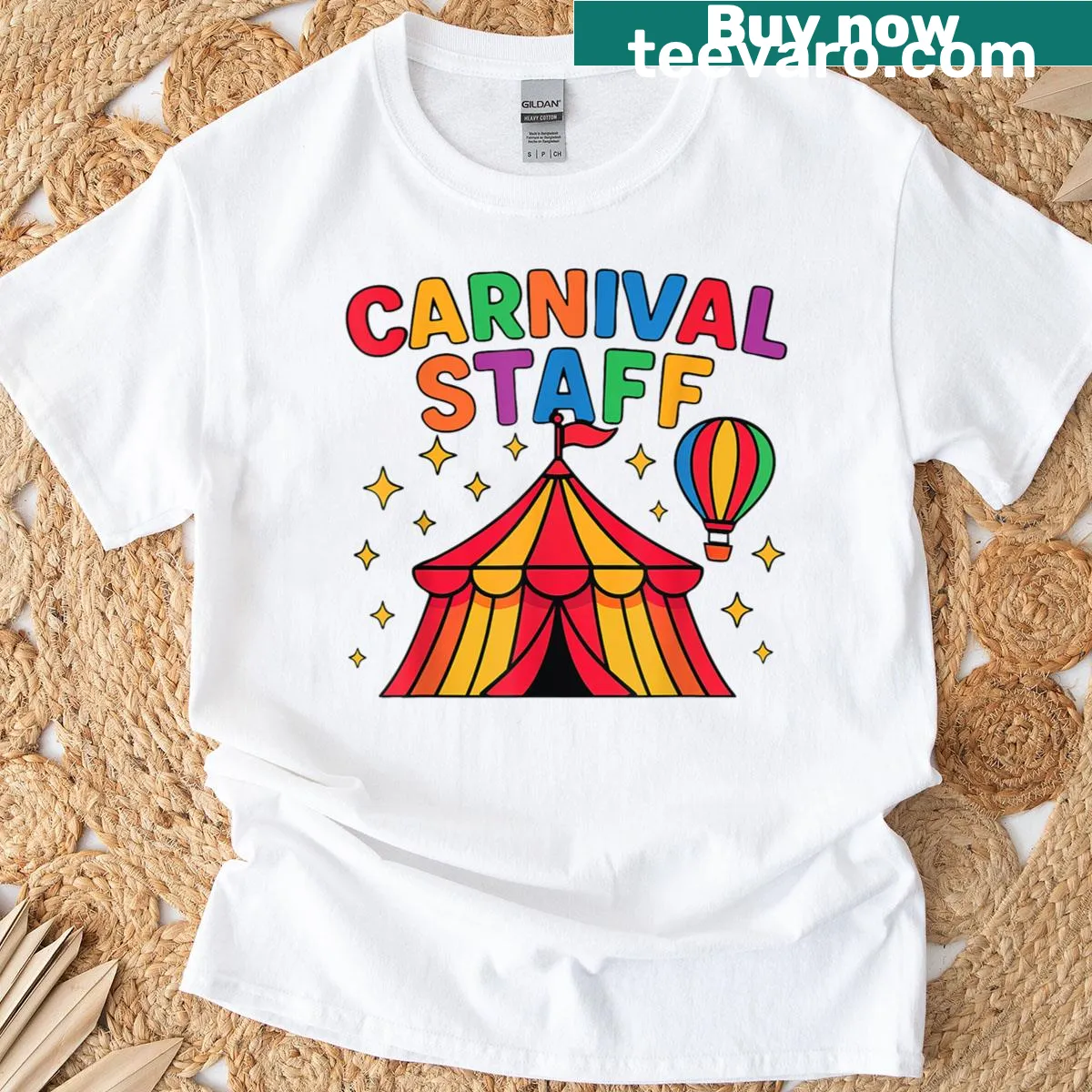 Carnival Crew T-shirt with whimsical graphics of tents and parties — on a men's t-shirt