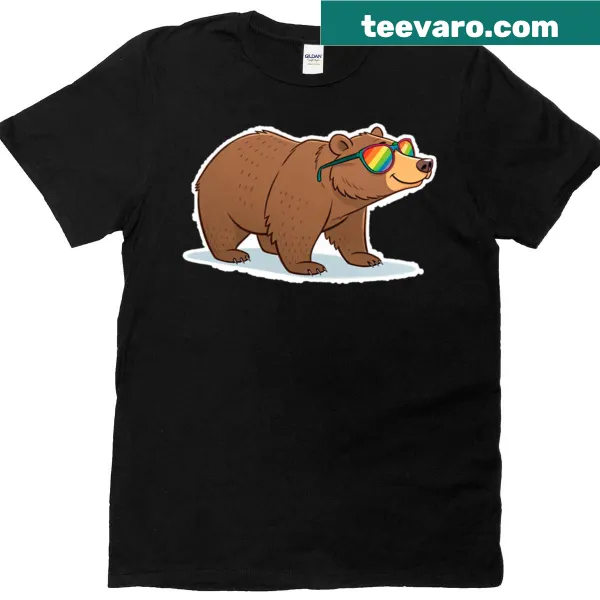 Cartoon bear T-shirt with sunglasses and Bear Pride flag design