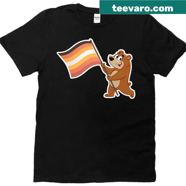 Cartoon bear holding a bear pride flag on a T-shirt