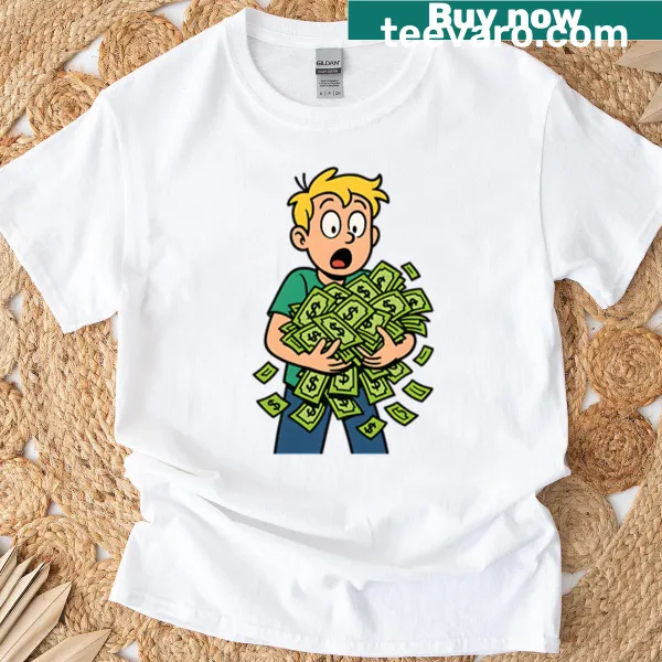 Cartoon T-shirt depicting a kid with stacks of money