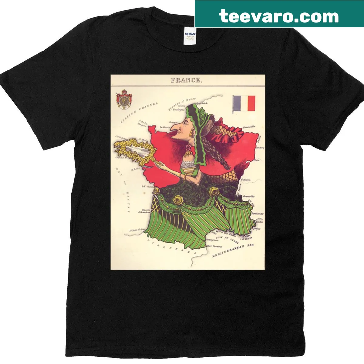 Illustrated cartoon map of France on T-shirt — on a men's t-shirt