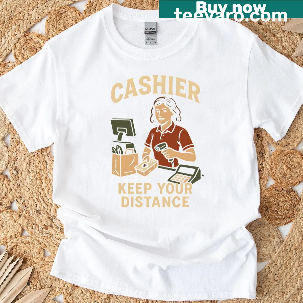 T-shirt with sarcastic 'Cashier On Duty Keep Your Distance' text — on a men's t-shirt