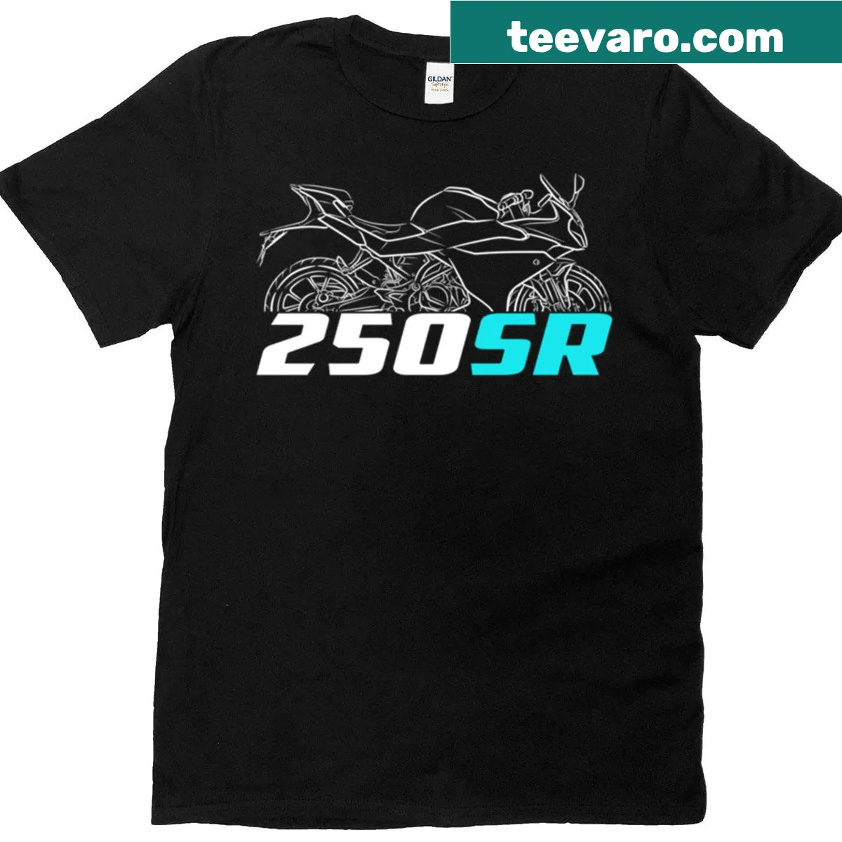 Cfmoto 250sr motorcycle t-shirt with bold lettering for bikers. — on a men's t-shirt