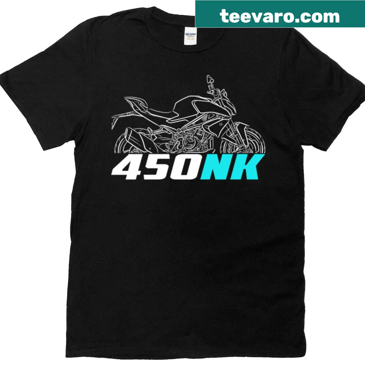 Cfmoto 450nk motorcycle T-shirt featuring logo — on a men's t-shirt