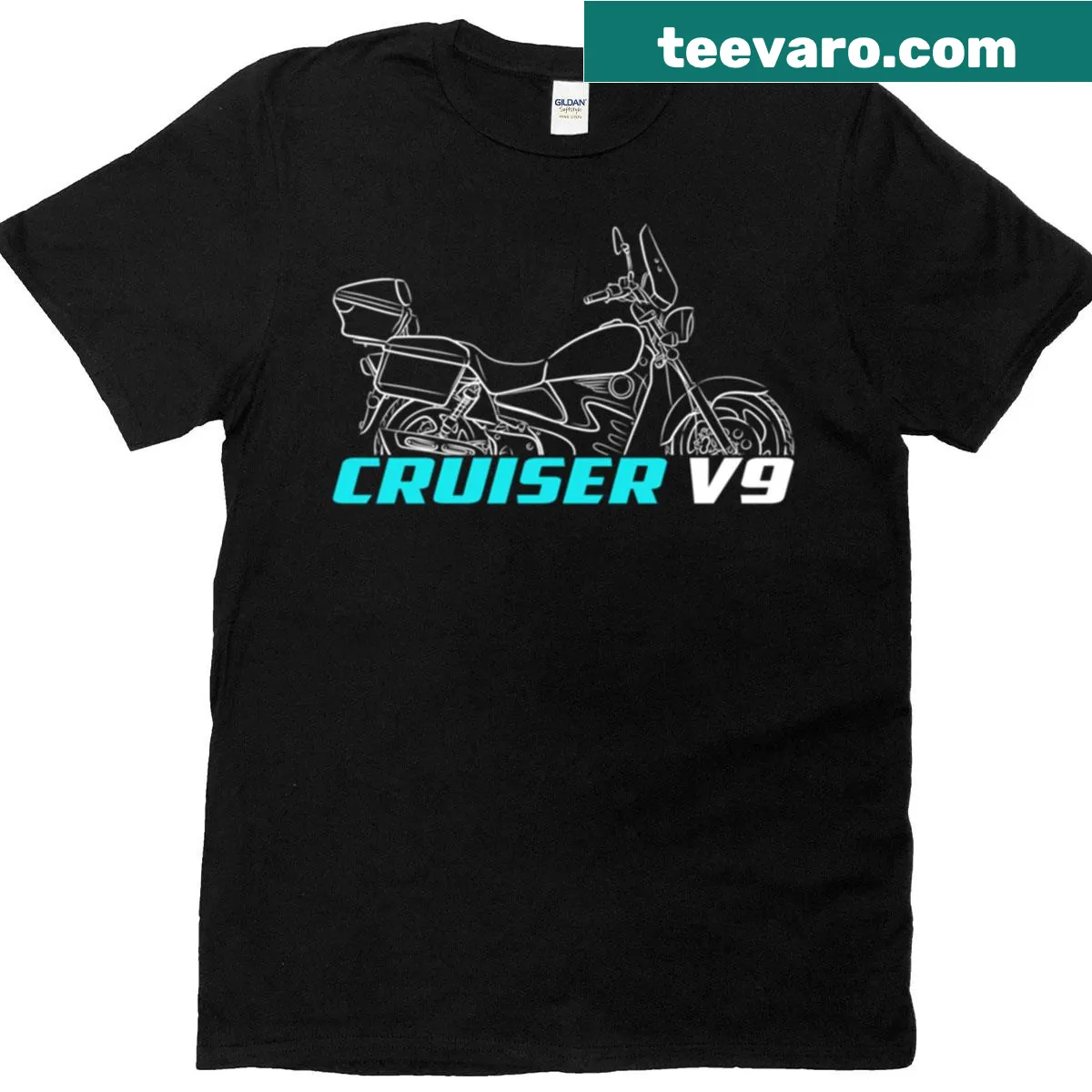 Graphic of Cfmoto V9 motorcycle on T-shirt — on a men's t-shirt