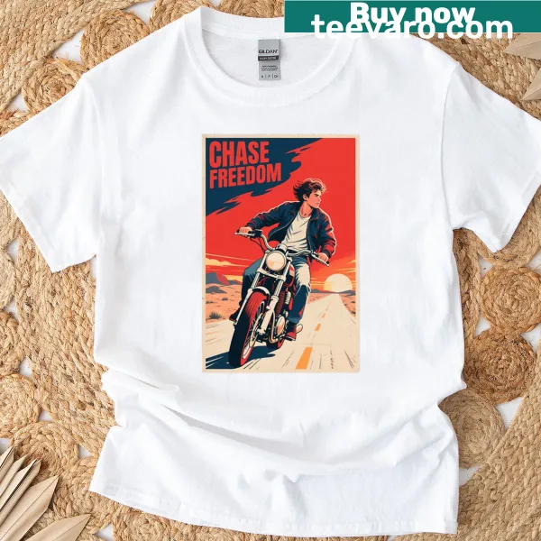 Retro motorcycle graphic T-shirt promoting freedom