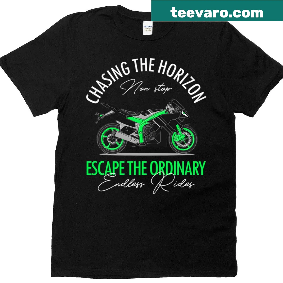 Chasing The Horizon t-shirt with motivational motorcycle graphic — on a men's t-shirt
