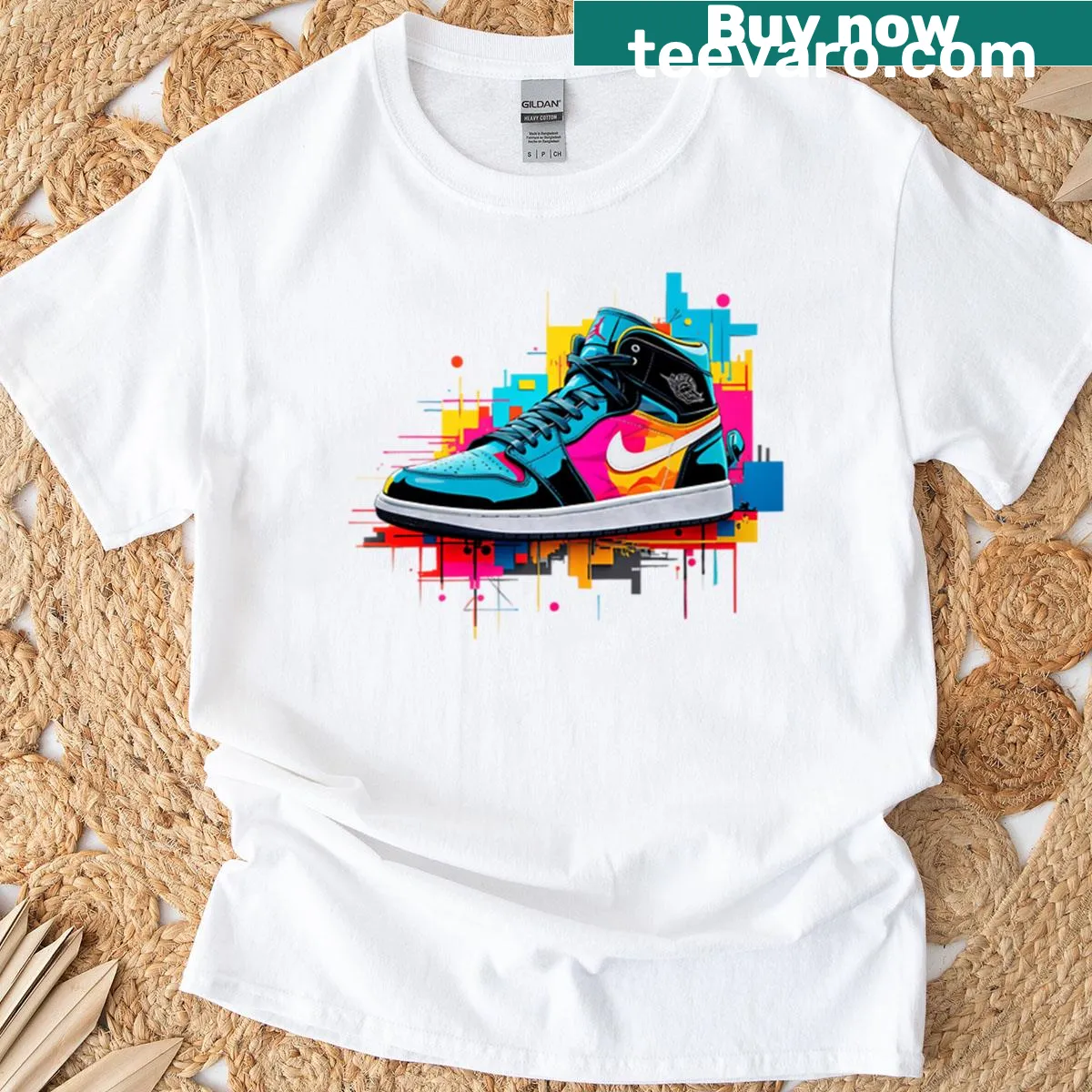 Graffiti illustration of a Jordan sneaker on T-shirt — on a men's t-shirt