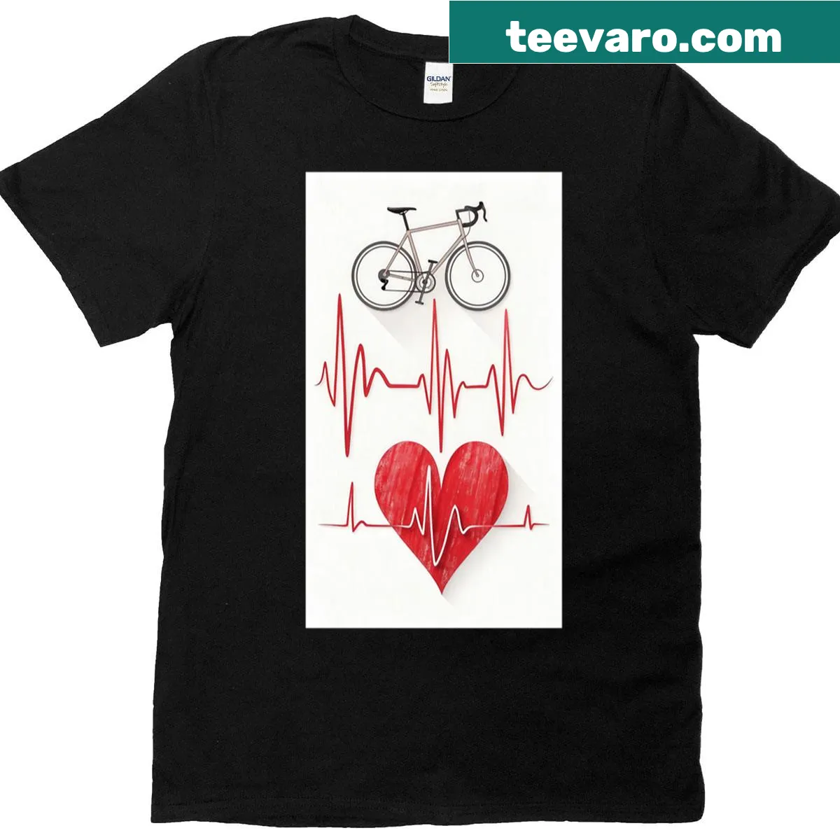 Heartbeat line turning into bicycle design on oversized t-shirt — on a men's t-shirt