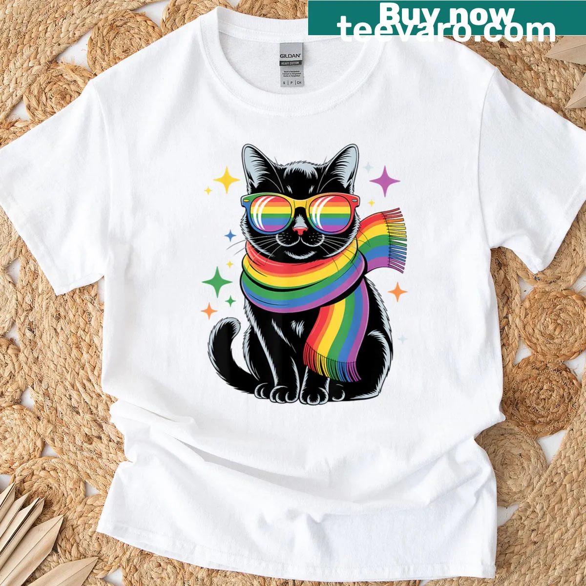 Adorable cat wearing a rainbow scarf and glasses for pride — on a men's t-shirt