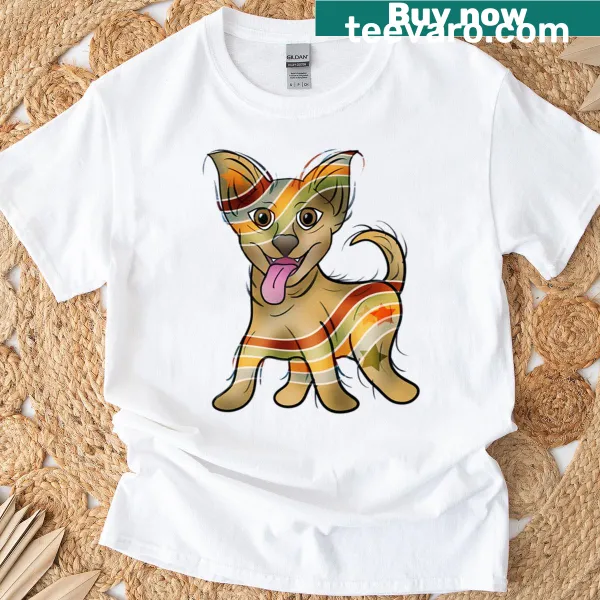 Cute dog illustration in khaki denim on t-shirt.