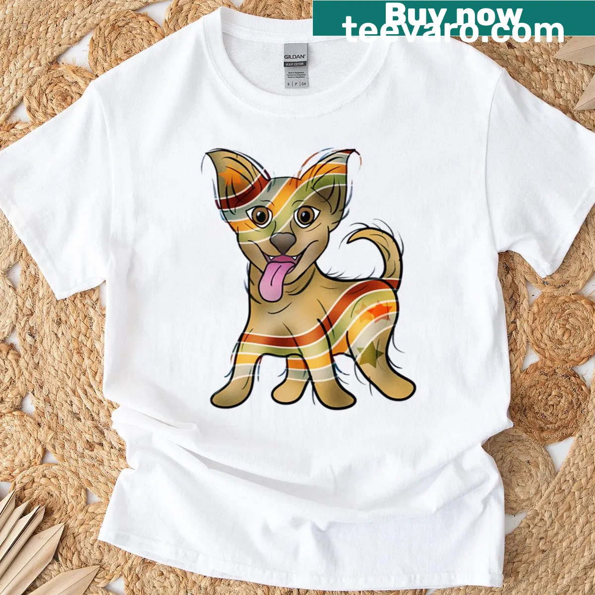 Cute dog illustration in khaki denim on t-shirt. — on a men's t-shirt