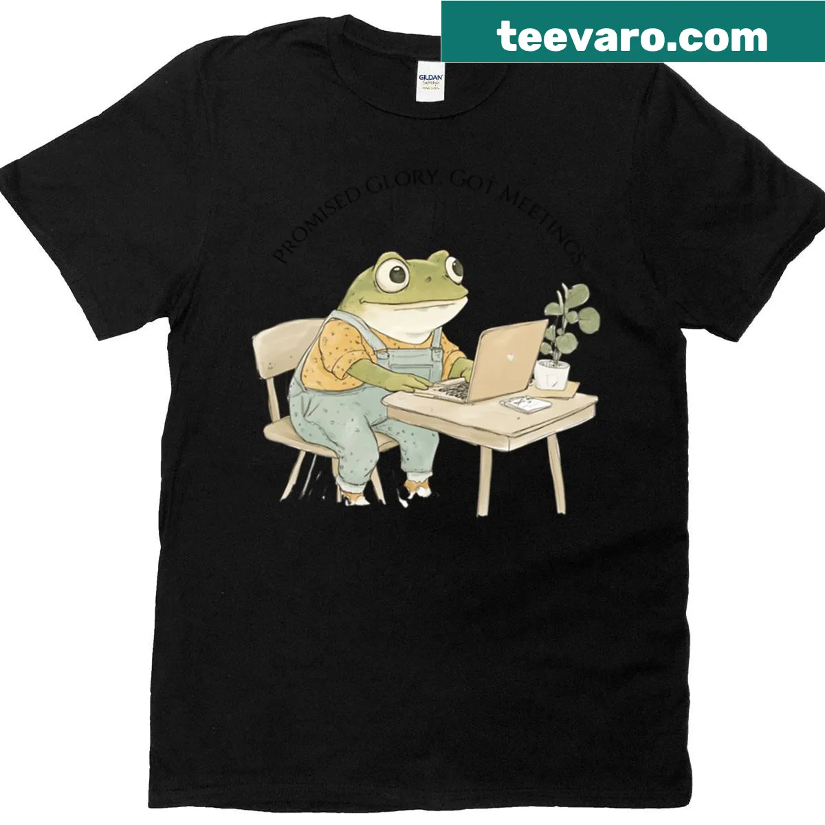 Funny cartoon frog in office attire with meme text — on a men's t-shirt