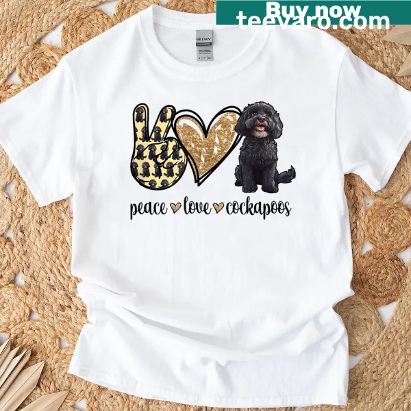 Whimsical illustration of a black Cockapoo with peace and love theme.