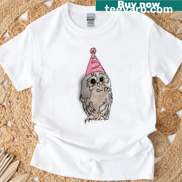 Cute owl in a party hat on a whimsical birthday t-shirt.