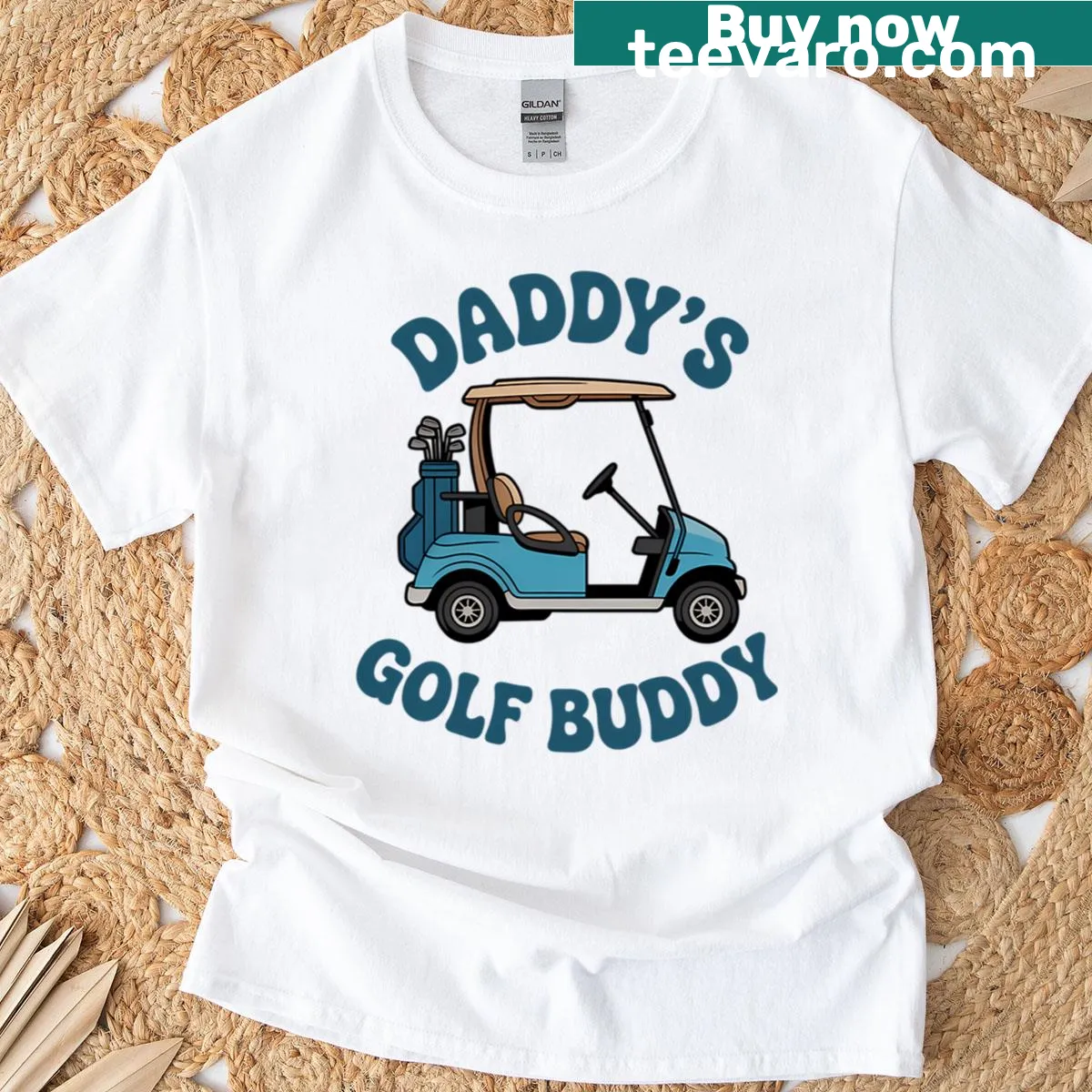 Illustrated t-shirt featuring 'Daddy's Golf Buddy' text design. — on a men's t-shirt