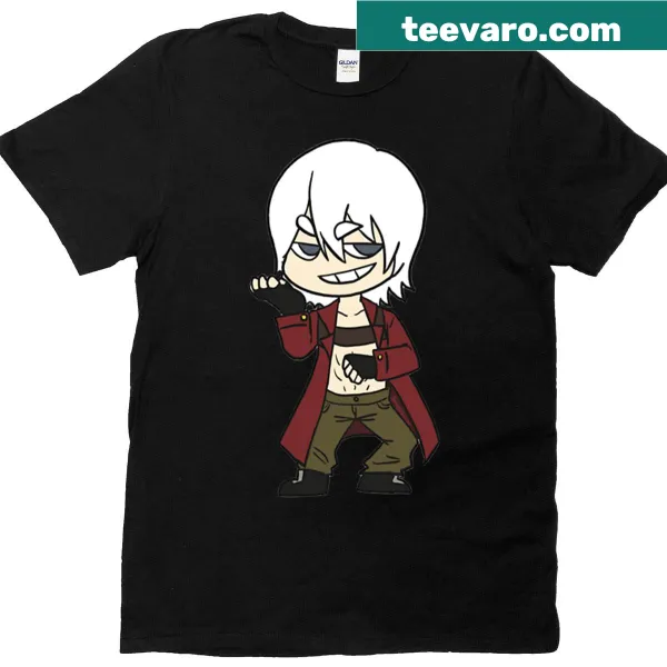 Chibi-style Dante from Devil May Cry cartoon on a t-shirt