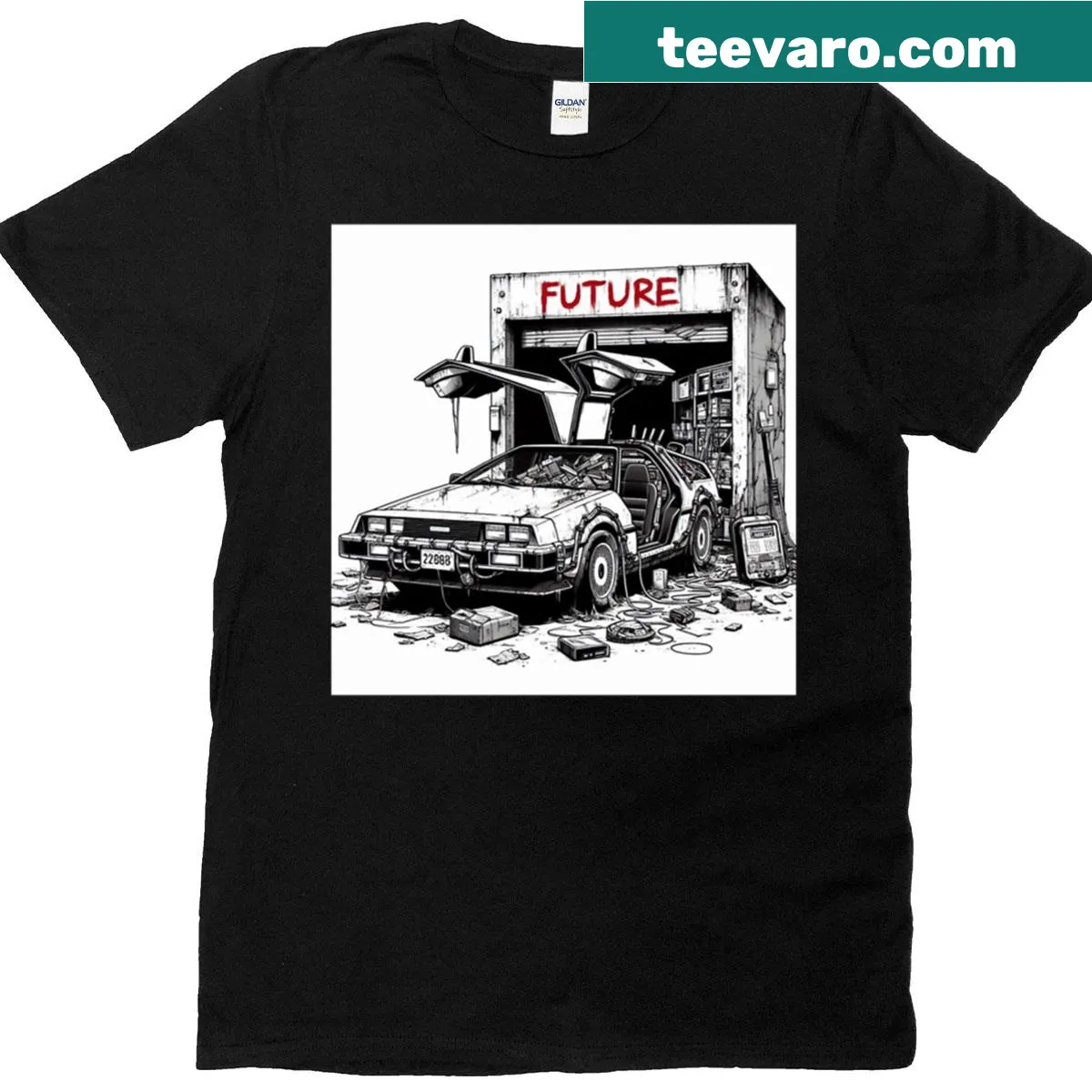 Illustrative DeLorean graphic T-shirt for car enthusiasts — on a men's t-shirt