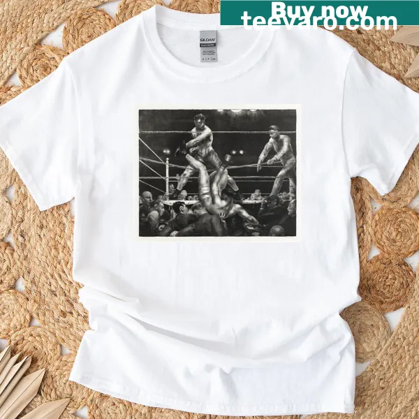 Vintage black and white boxing print of Dempsey and Firpo on a t-shirt