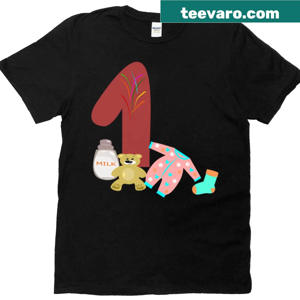 Postcard design celebrating a child's first birthday on an oversized t-shirt — on a men's t-shirt