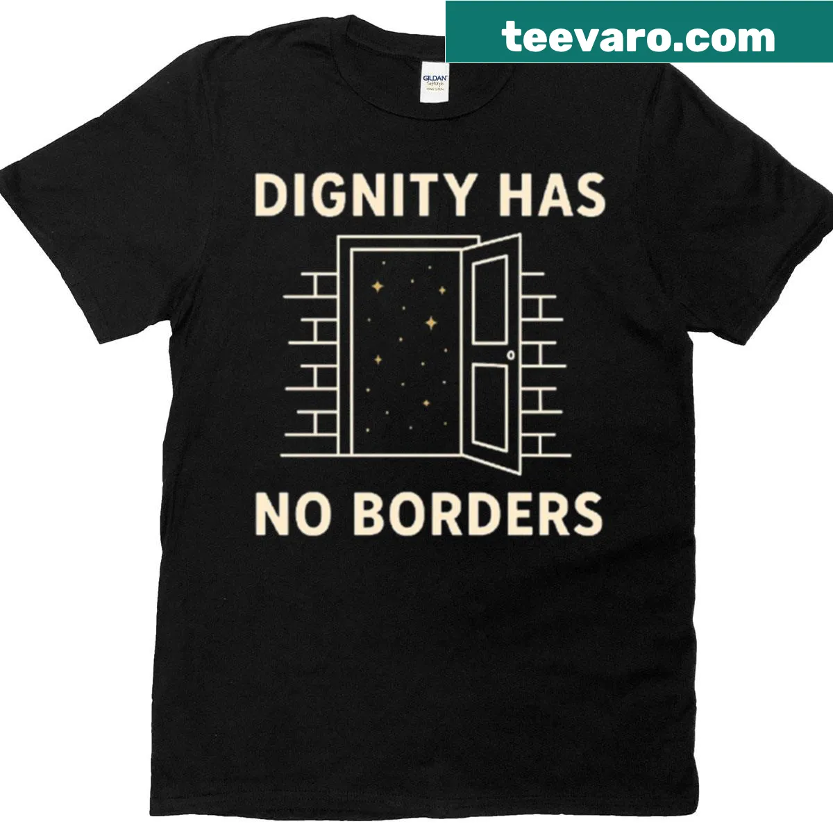 Minimal line art t-shirt with the phrase Dignity Has No Borders — on a men's t-shirt