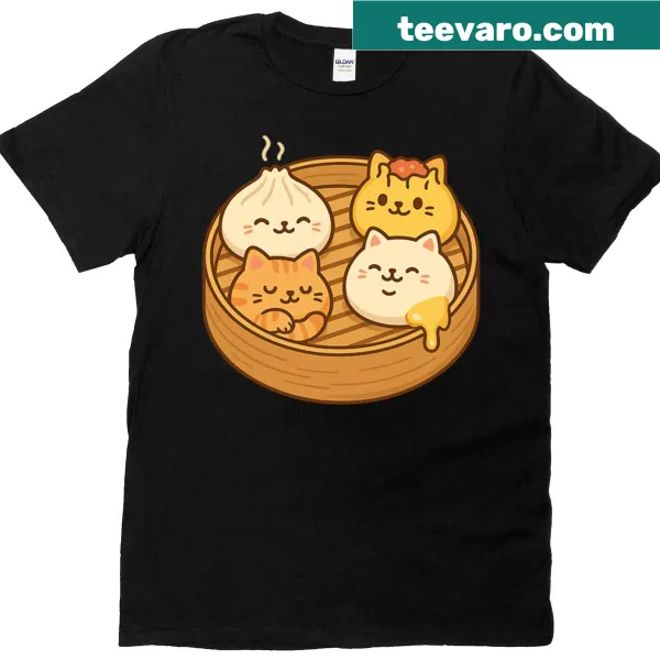 Kawaii cat dumplings in a steamer graphic T-shirt