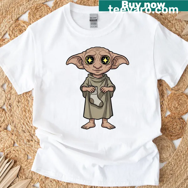 Cute Dobby holding a sock illustration T-shirt for Harry Potter fans