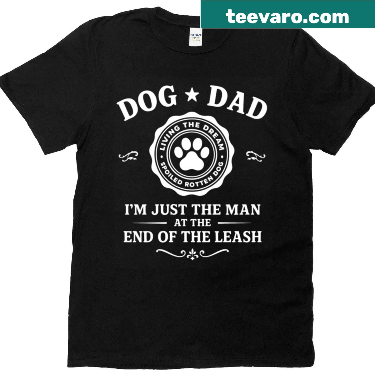 Funny t-shirt for dog dads with I'm Just The Man At The End Of The Leash — on a men's t-shirt